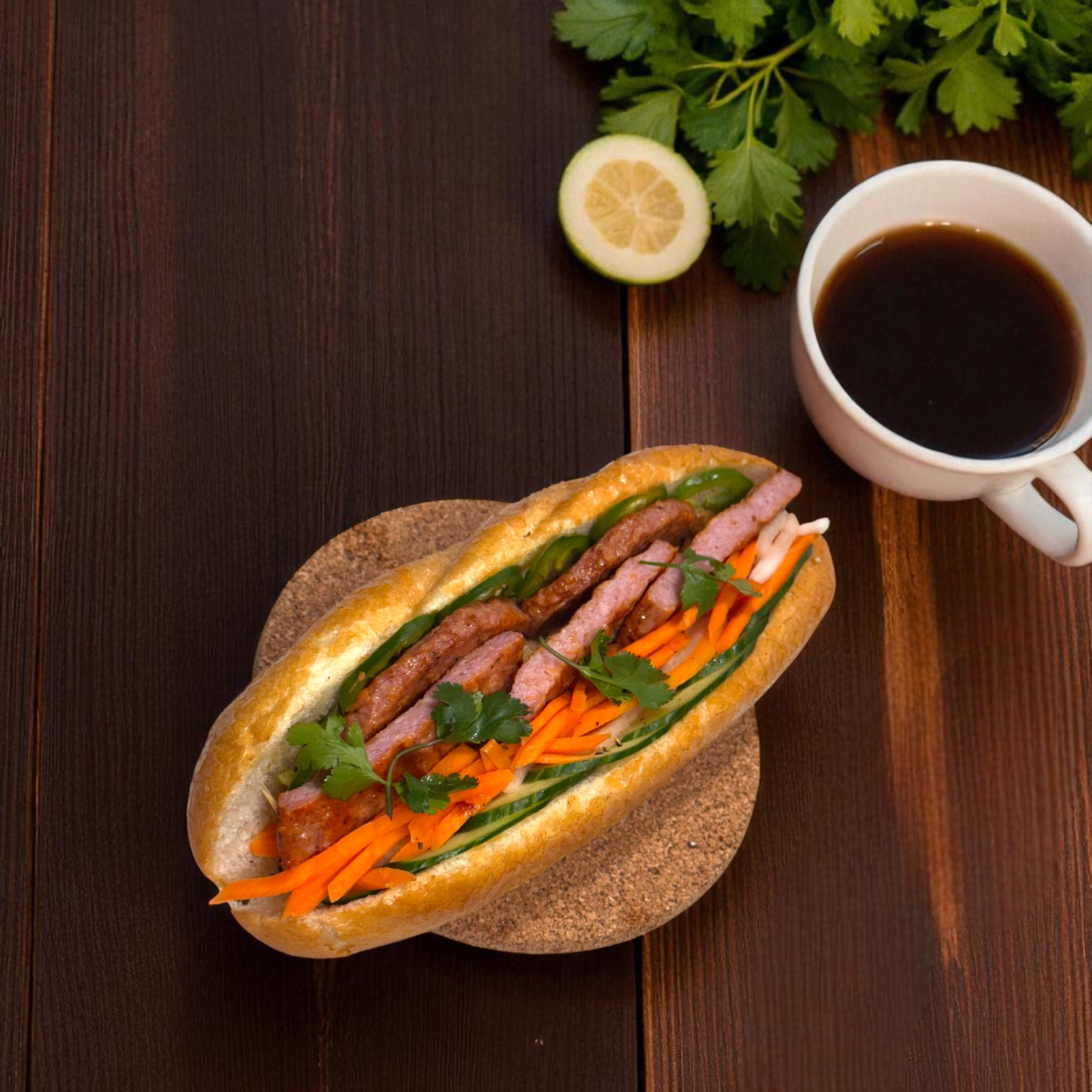Pork Patty Banh Mi - Crispy Vietnamese baguette filled with seasoned pork patty, fresh vegetables, and traditional condiments